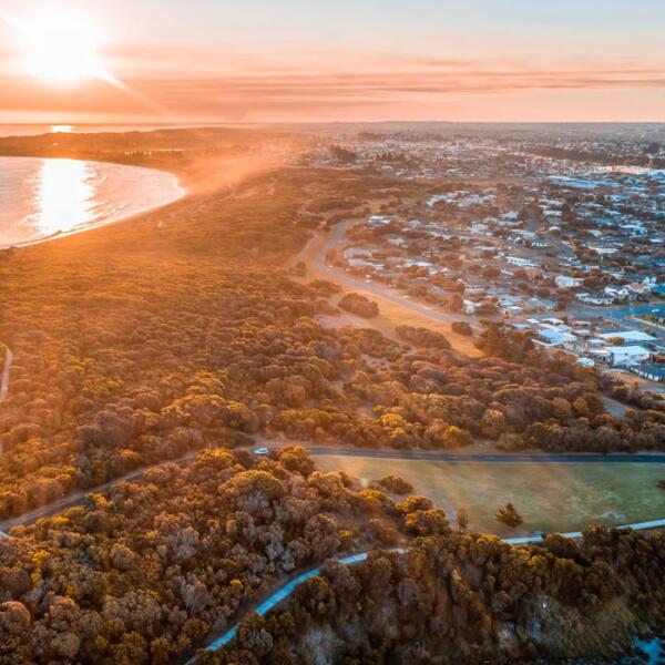 FSR Equip has offices in Warrnambool. Image shows aerial sunset image of Warrnambool.
